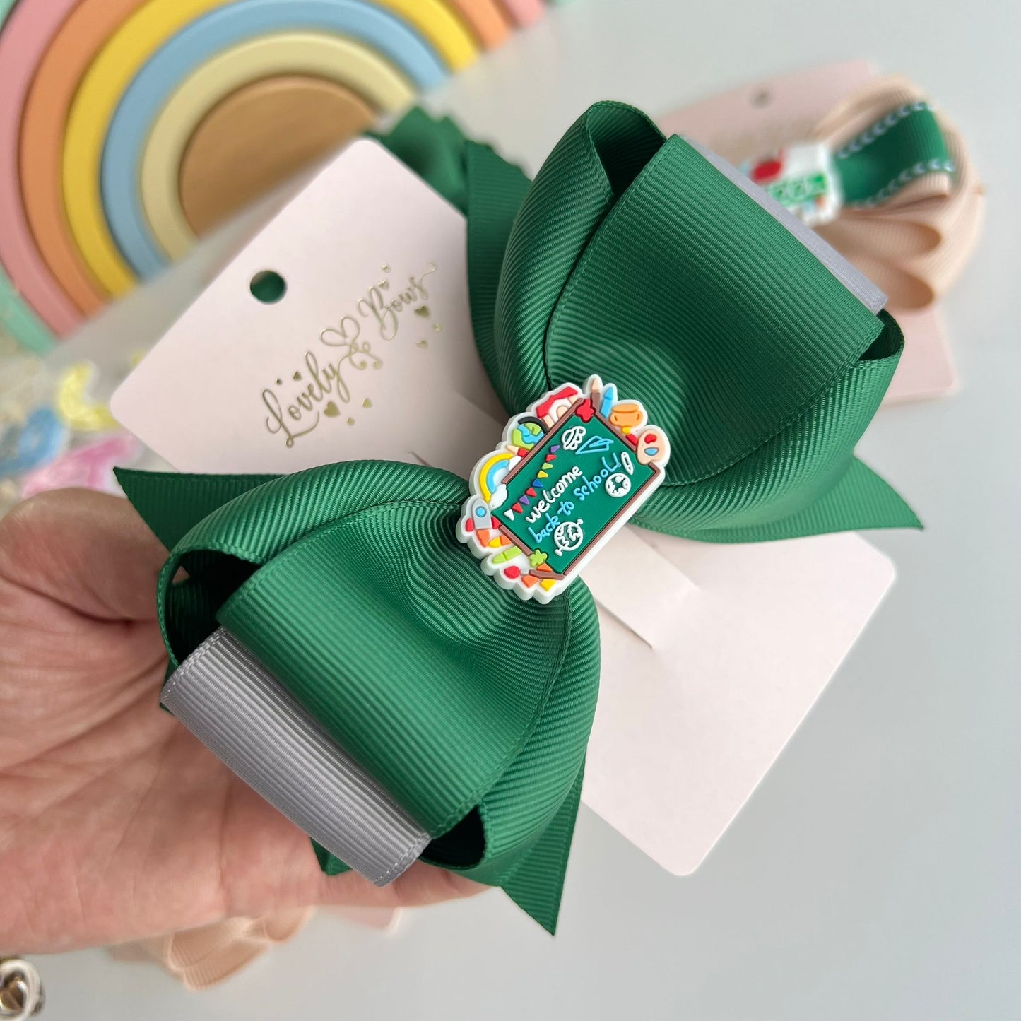 Set 4 pcs school hair bows green/gray