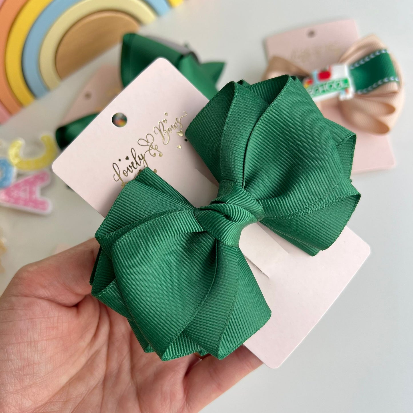 Set 4 pcs school hair bows green/gray