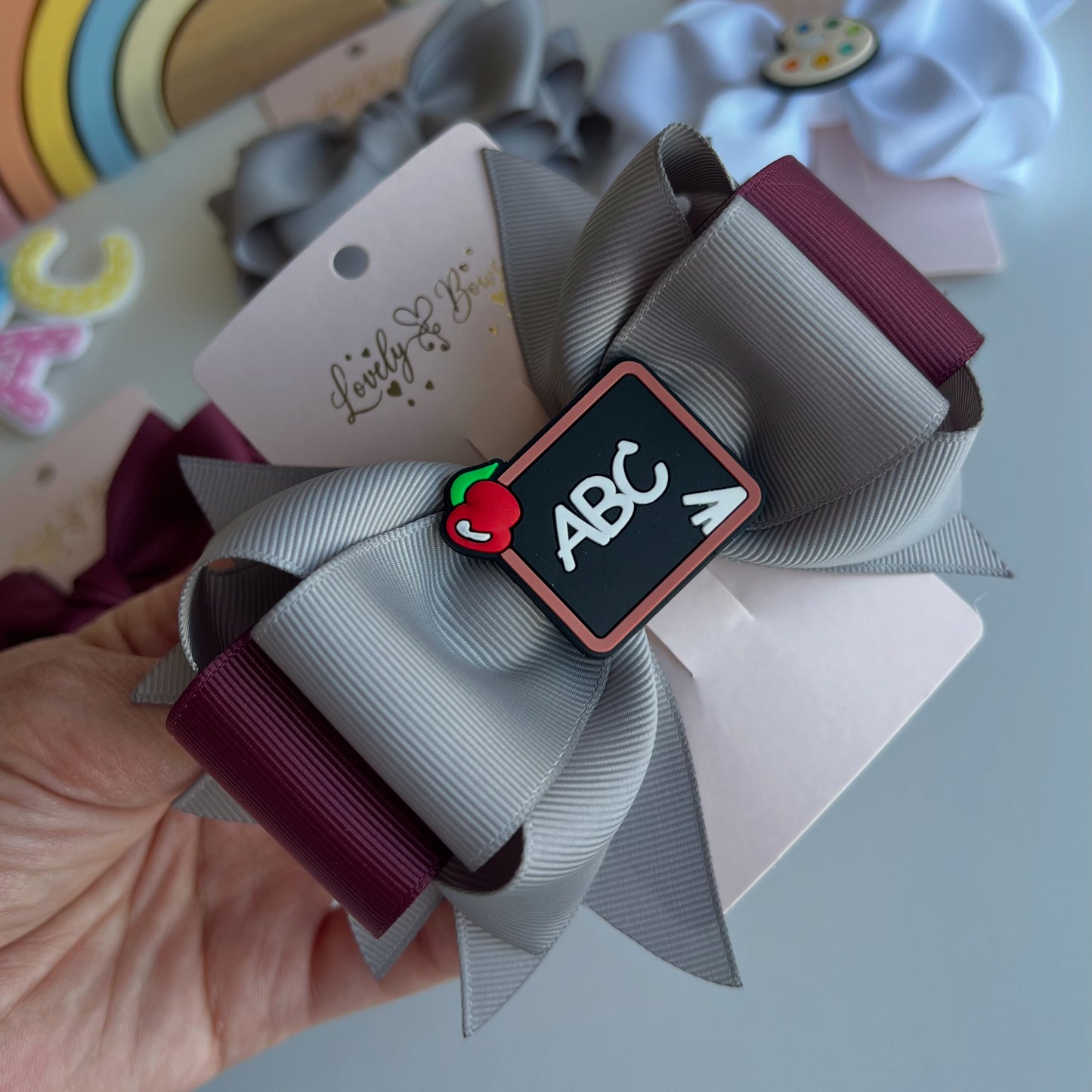 Set 4pcs hair bows burgundy/gray
