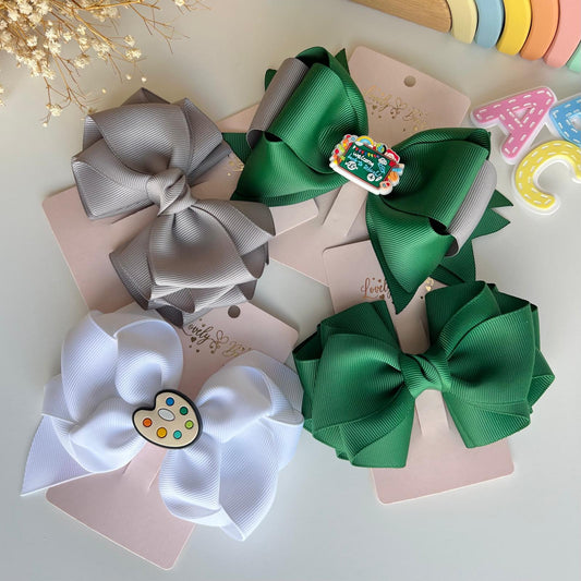 Set 4 pcs school hair bows green/gray