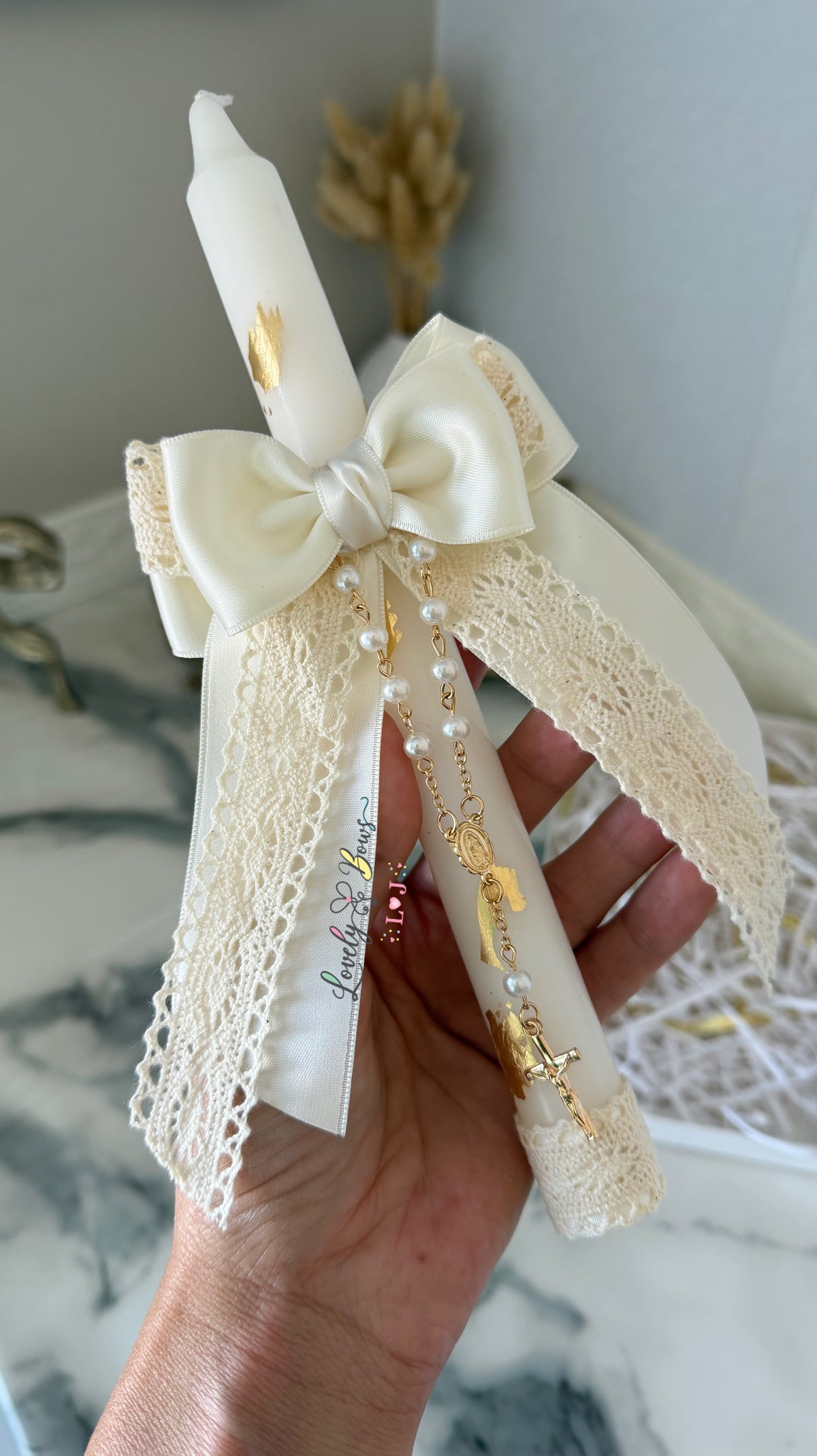 Baptism candle shabby chic style