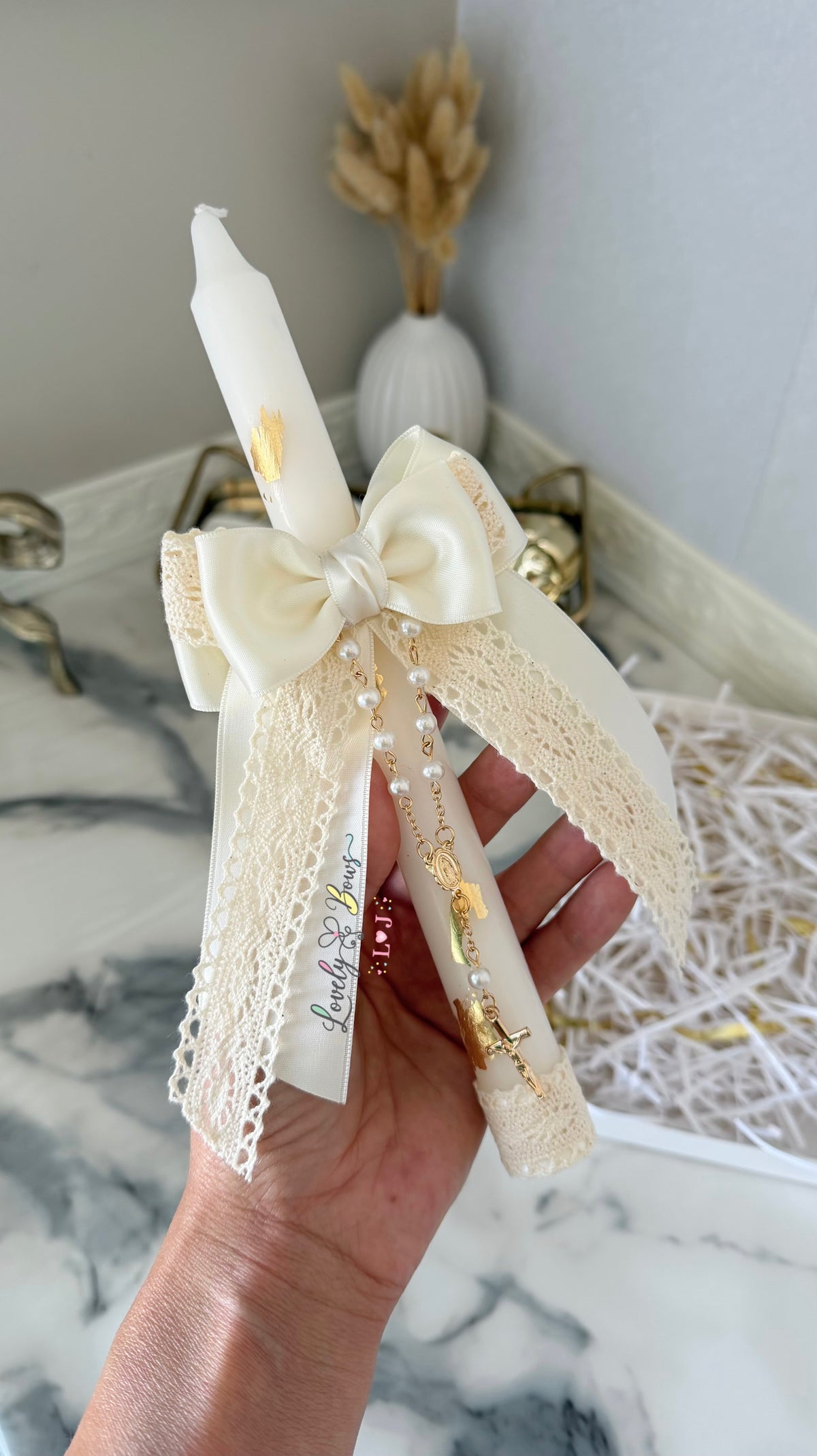 Baptism candle shabby chic style